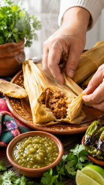 Tamales being unwrapped with salsa and lime, perfect for Latin Heritage month celebration