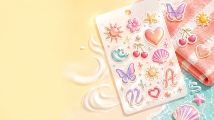 Colorful temporary tattoo tantoo sheet with beach elements on sandy background © dvoevnore