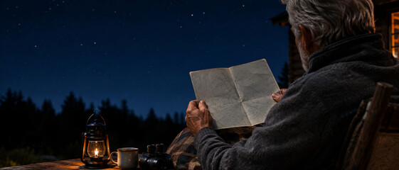 Detailed night scene of man stargazing outdoors with lantern and map © dvoevnore