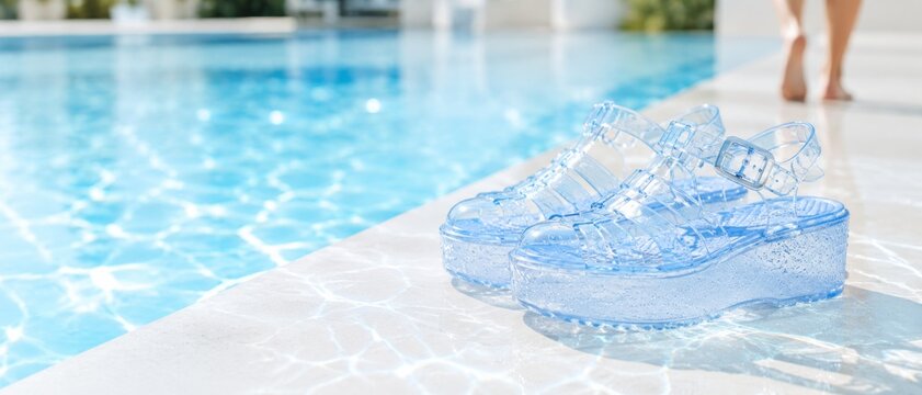 Transparent jelly sandals by a pool, evoking Y2K fashion trends and summer vibes