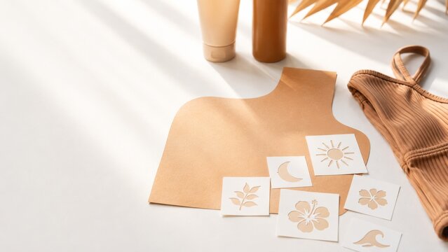Sun tan tattoo stencils and products on sunny light brown background