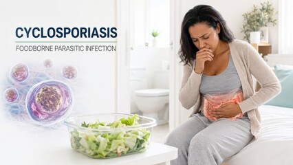 Naklejka na ściany i meble Cyclosporiasis outbreak USA showing sick woman with abdominal pain sitting on bed