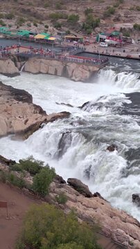 Vertical Aerial View of Dhuandhar Falls, Bhedaghat, Jabalpur, Madhya Pradesh, India