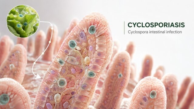 Cyclosporiasis intestinal infection concept with close-up of intestinal villi