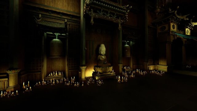 Dim ancient temple interior glowing candles, stone carvings and ornate canopy framed by deep shadows, candle rows creating rhythmic silhouettes, atmospheric