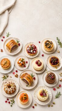 Assorted holiday appetizers on white plates, featuring festive food arrangement
