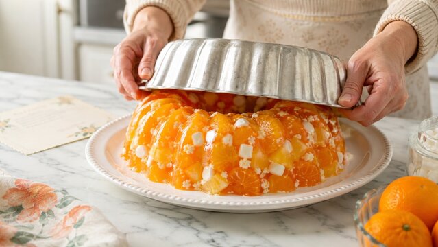 Jello salad with mandarin oranges being prepared in kitchen setting