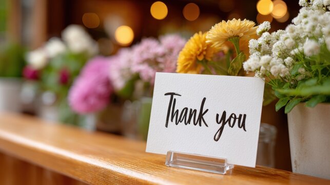 Minimal thank you card on clear stand with blurred floral background for reception desk messages, guest greetings, event table signage and small business customer notes