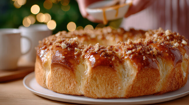Large rosca de reyes braided cake with crunchy topping being glazed on table for epiphany celebration and holiday dessert serving background