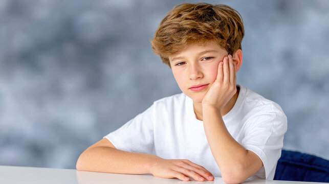 School‑age boy holding his jaw with a toothache expression, pediatric dental pain and oral discomfort image for health advice, clinic triage guidance and parent education