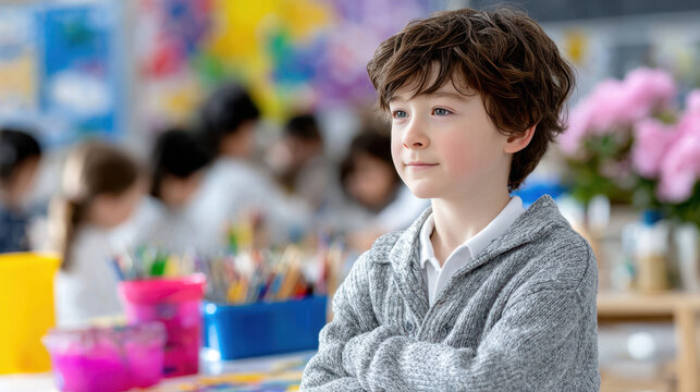 Student standing near art table appearing thoughtful and left out during classroom activity for mental health awareness banner and background