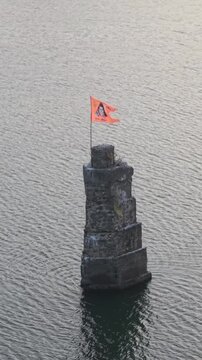 Vertical Aerial View of Saffron Shiva Flag in the Narmada River, Madhya Pradesh