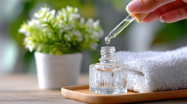 Hand applying cuticle oil with glass dropper over open bottle and folded towel for manicure nail care spa background and treatment step