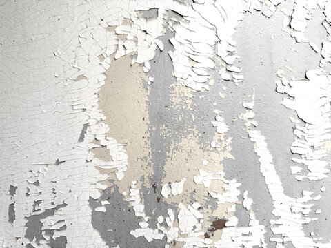 White and light grey peeling Paint reveals beige layers across cracked Concrete Wall. Distressed grunge Texture Background with curled fragments, rough damaged surface and closeup detail.