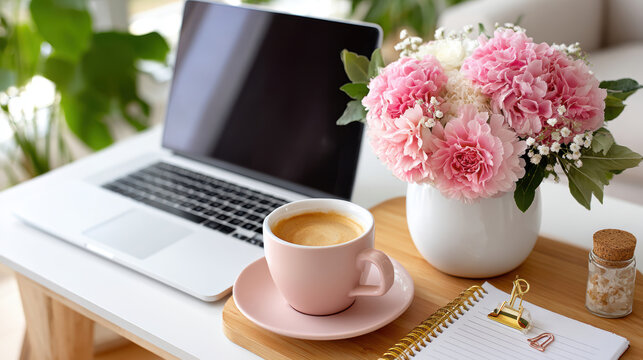 Laptop flatlay with notepad, cappuccino and fresh pink flowers for online course promotion, blogger workspace, creative planning and feminine brand social media header image
