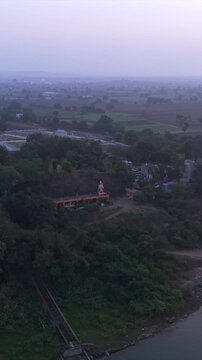 Vertical Aerial View of Hanuman Temple on the Banks of the Narmada River, Madhya Pradesh, India