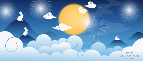 Naklejka na ściany i meble Mid Autumn Festival vector background wallpaper with three jade rabbit silhouettes, glowing full moon, fireworks, swirling clouds and blue mountain landscape