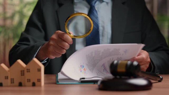 Professional attorney holding gold magnifying glass carefully inspects real estate contract document near miniature wooden house models, judge gavel placed inside dark corporate office workspace.