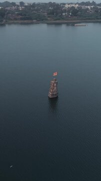 Vertical Aerial View of Saffron Shiva Flag in the Narmada River, Madhya Pradesh