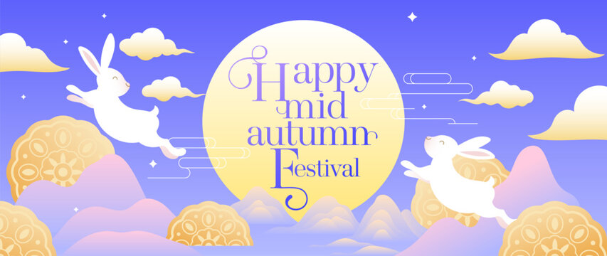 Mid Autumn Festival vector background wallpaper with two jade rabbits on mooncakes, glowing full moon, hanging lanterns, osmanthus blossoms and purple sky