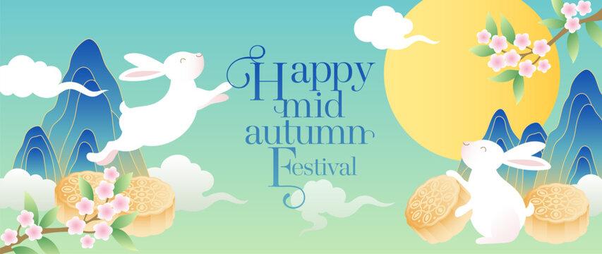 Mid Autumn Festival vector background wallpaper with two jade rabbits on mooncakes, glowing full moon, hanging lanterns, osmanthus blossoms and purple sky