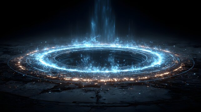 Futuristic glowing blue light portal with particle energy ring beaming upward on dark metallic floor surface.