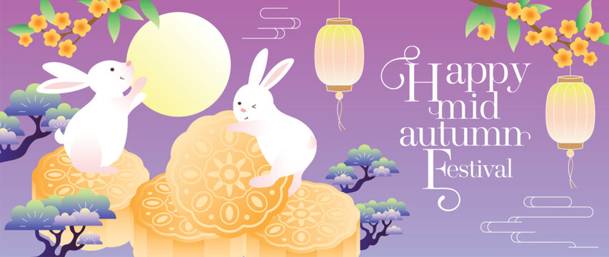 Mid Autumn Festival vector background wallpaper with two jade rabbits on mooncakes, glowing full moon, hanging lanterns, osmanthus blossoms and purple sky