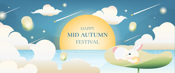 Naklejka na ściany i meble Mid Autumn Festival vector background wallpaper with two jade rabbits, mooncakes, teapot, glowing full moon, lotus flowers, clouds and purple mountain landscap