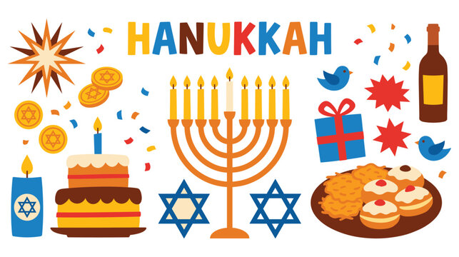 Hanukkah celebration elements including menorah star of david coins donuts and festive food.