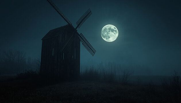 Old rural watermill in blue mist beneath a full moon &mdash; part of a folk horror and dark poetry series