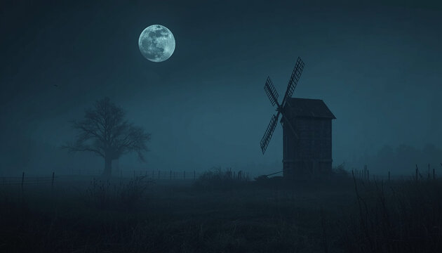 Old rural watermill in blue mist beneath a full moon &mdash; part of a folk horror and dark poetry series