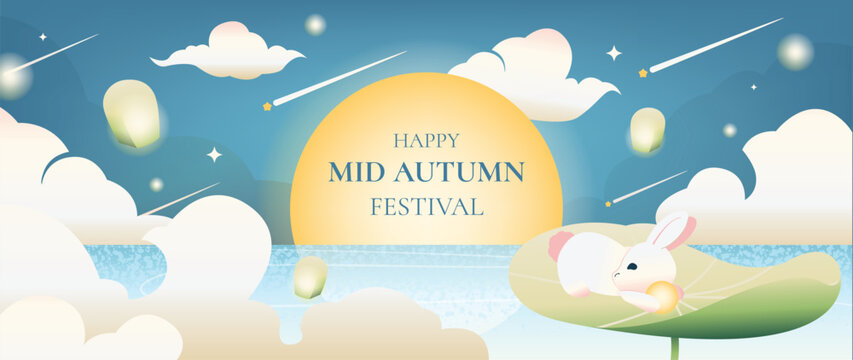 Mid Autumn Festival vector background wallpaper with two jade rabbits, mooncakes, teapot, glowing full moon, lotus flowers, clouds and purple mountain landscap