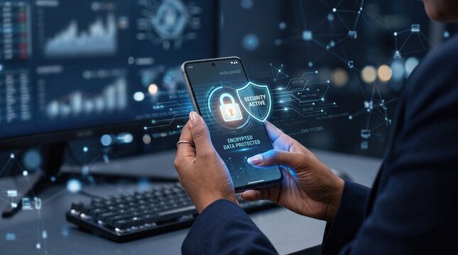 Smartphone displaying active security shield and encrypted data lock, mobile cybersecurity, safe online banking, app protection, digital privacy on screen, network monitoring