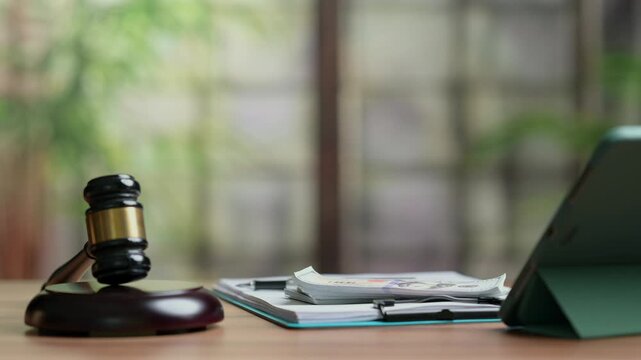Wooden judicial gavel sits near clipboard holding paper currency beside digital tablet computer displaying video playback screen inside courtroom office representing legal trial bribery evidence.