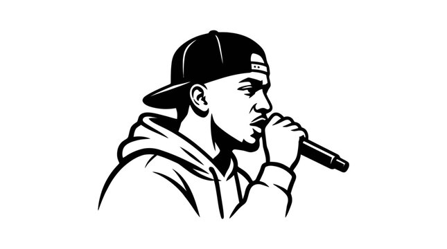 Male hip hop artist rapper performing with microphone black and white illustration.
