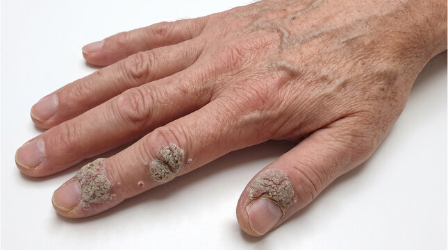 Close-up of rough warts growing around the fingernails - Periungual Verruca Vulgaris Warts on Fingers 