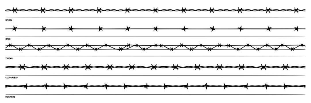 Barbed Wire Patterns with Different Styles and Designs Featuring Security, Fencing, Illustration with Vector and Sharp Elements