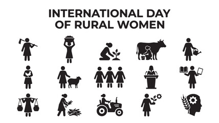 Naklejka premium Rural women icon set. Features female farmers, agriculture work, and livestock care. Black solid glyph vector elements for International Day of Rural Women.
