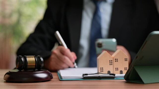 Attorney wearing suit sitting behind wooden gavel, small house models, tablet, holding smartphone, reviewing real estate foreclosure contract, representing property auction law concept video.