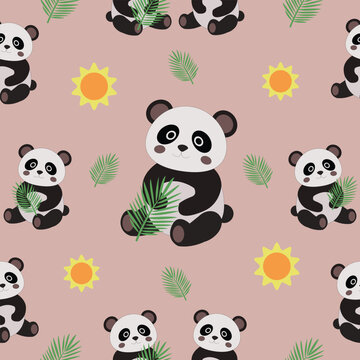Cute panda seamless pattern with palm leaves and suns on pastel pink background, vector illustration for girls nursery and kids textile