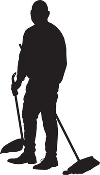 vector,silhouette of  portrait of a man with a broom and dustpan