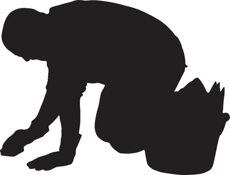 vector,silhouette of a side viewo of a man who is scrubbing the floor with a scouring pad