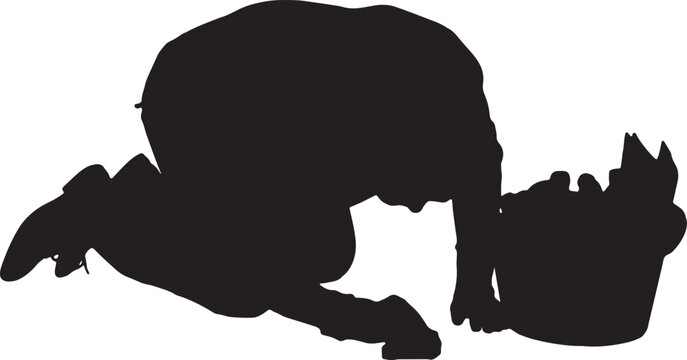 vector,silhouette of a  man who is scrubbing the floor with a scouring pad