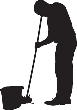 vector,silhouette of  a man who is mopping the floor with a mop