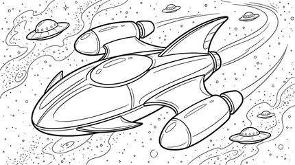 Retro Futuristic Spaceship and UFOs in Outer Space, Black and White Line Art Illustration for Coloring, Cosmic Scene with Stars and Nebulae © orbit