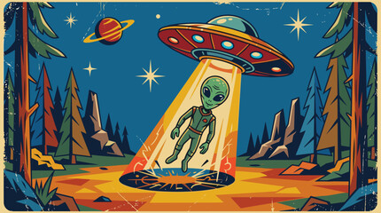 Retro Style Alien Abduction in Forest Clearing with Flying Saucer and Planet in Sky, Flat Vector Illustration © orbit