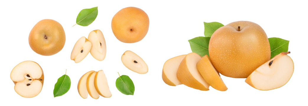 Fresh asian pear with leaves isolated on white background. Top view. Flat lay.