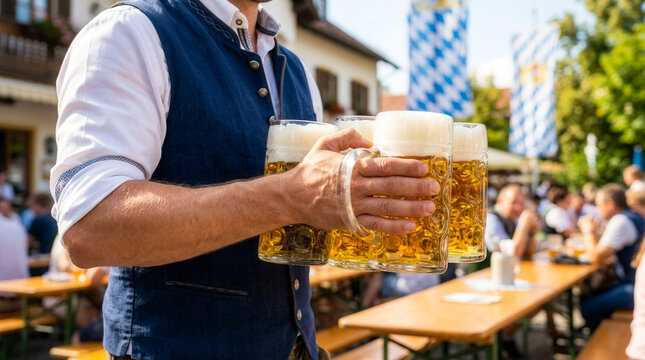 Oktoberfest beer server carrying full steins at a traditional Bavarian beer garden, hospitality service and festival celebration