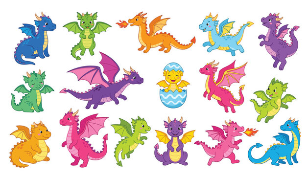 Baby dragon vector illustration set. Flying monsters, fire breathing, hatching egg, wings, cute fairytale dinosaur and fantasy magical characters.