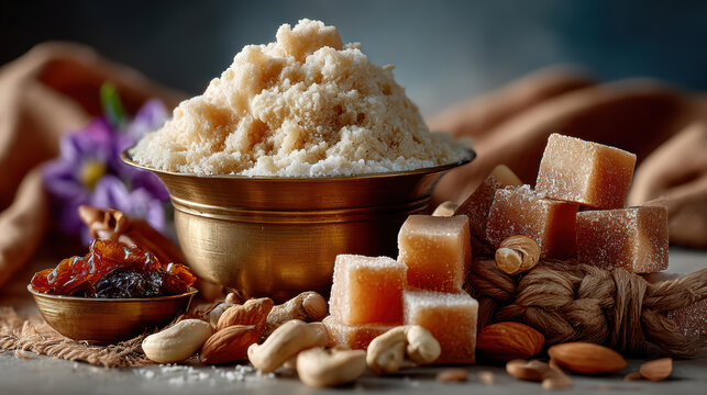 Brass bowl of powdered sesame and stacked jaggery cubes with nuts and dried fruit for festival food background and recipe styling